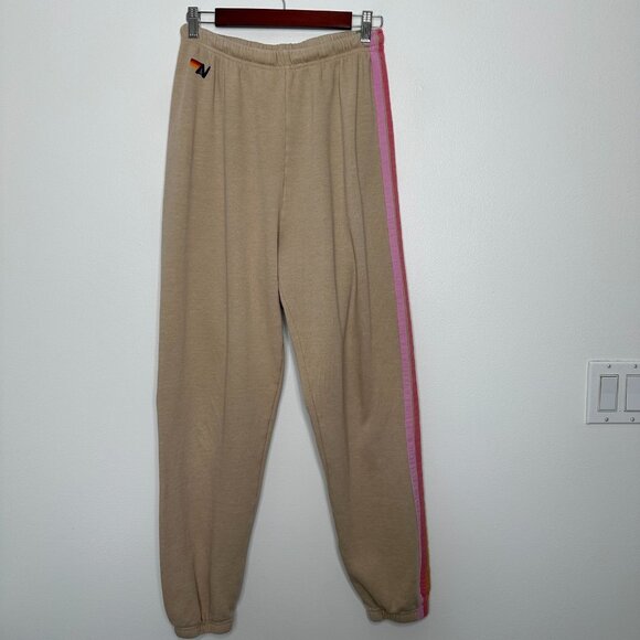 Aviator Nation Sweatpants 5 Stripe Tan Sand Pink Green Joggers Size L - Picture 1 of 11